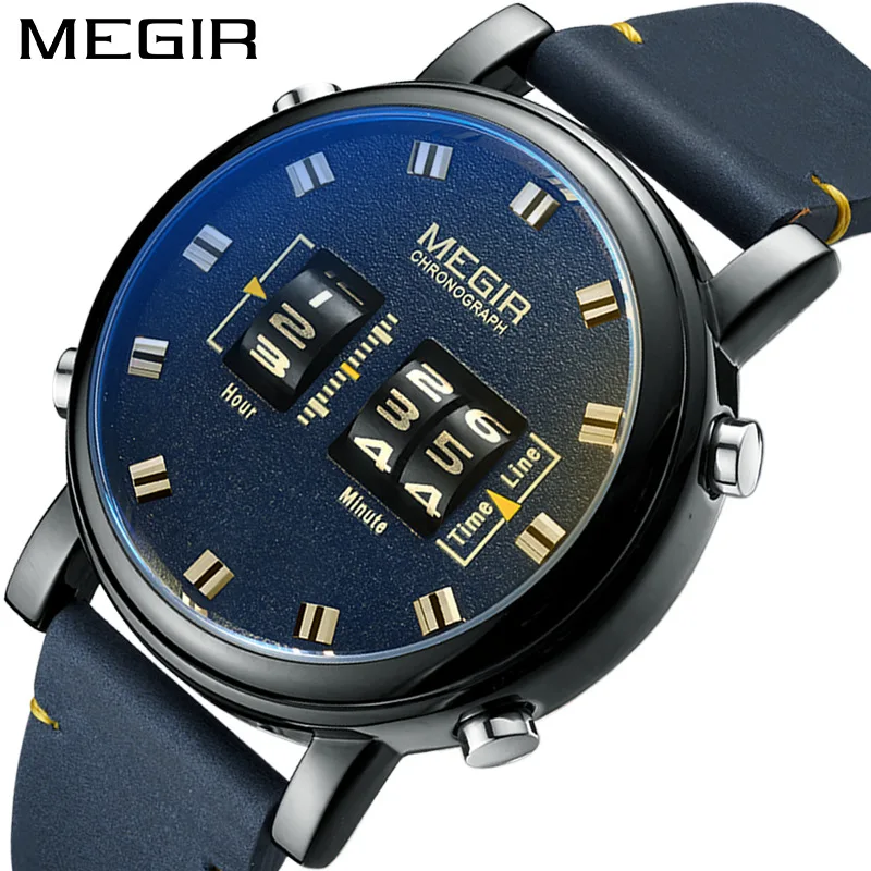 

MEGIR 2137 Men Quartz Watch Fashion Unique Round Roller Pointer Blue Brown Leather Strap Wrist Watches for Male Boy Clock Gift