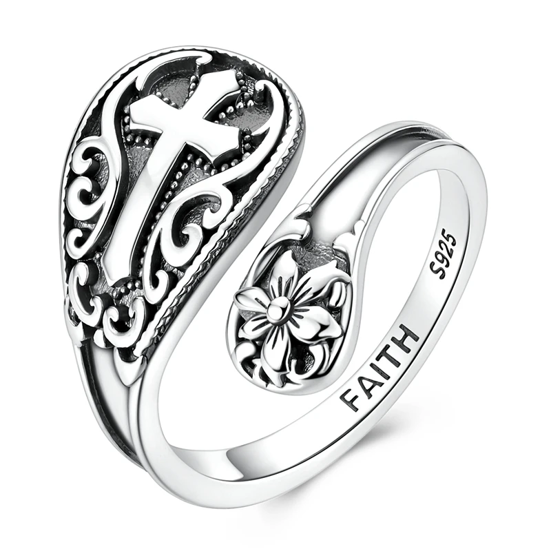 S925 Sterling Silver Adjustable Cross Flower Faith Ring Vintage Engraved Open Wrap Ring Faith  Hope Blessing Women Jewelry Gift