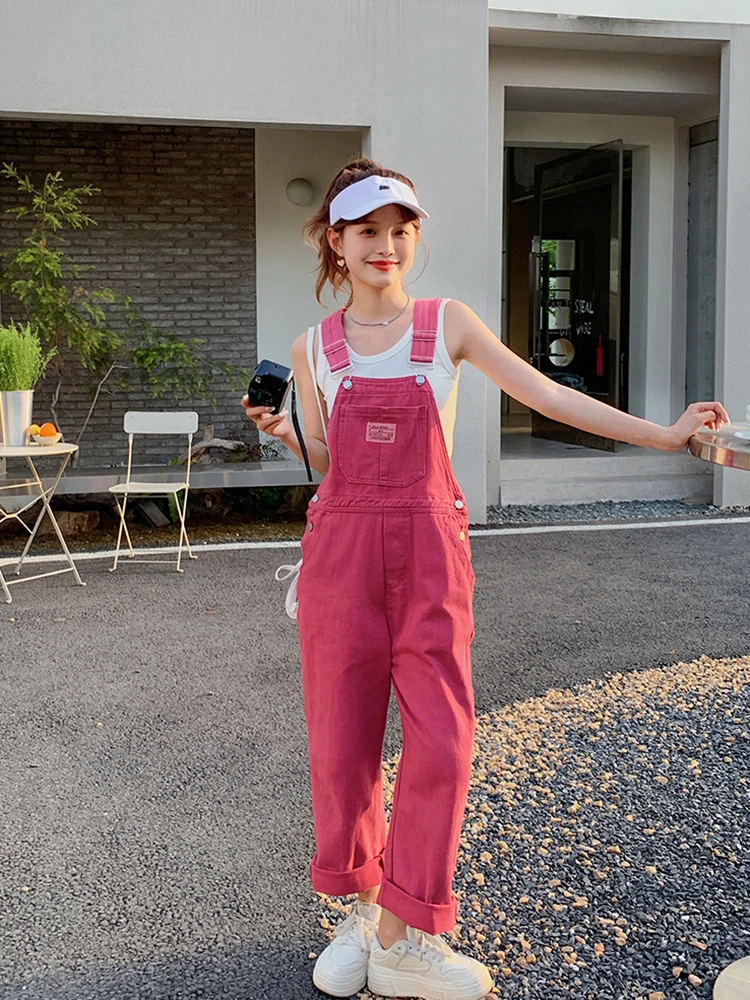 Zoki Korean Pink Sweet Women Denim Jumpsuits Fashion Letter Print Loose Denim Straps Pants Casual Preppy Style High Waist Jeans