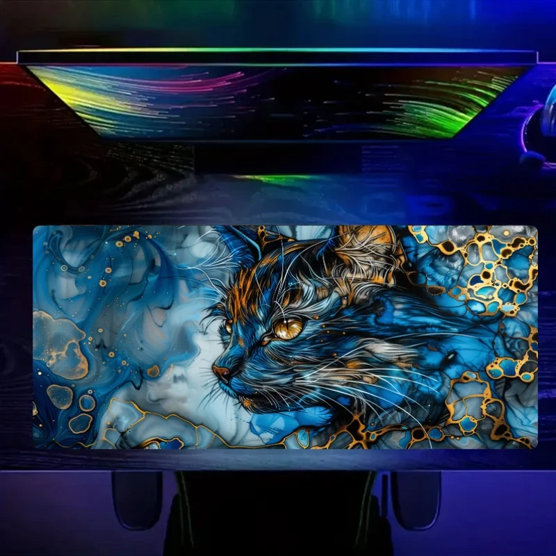 

Large gaming mouse pad with a blue and black cat head design and durable rubber desk mat are suitable for both offices and homes