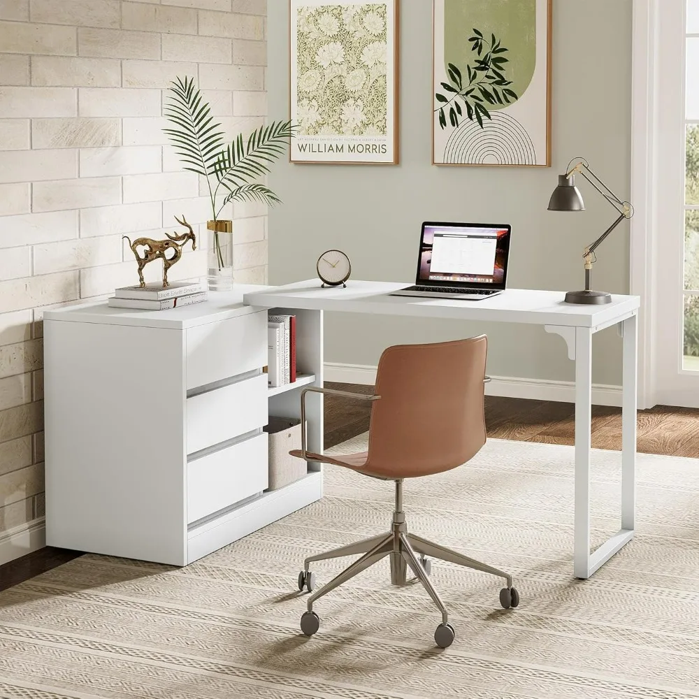 

L-Shaped Computer Desk with Drawers and Shelves, Reversible White Corner Office Desk with Storage Cabinet, Modern Study Writing