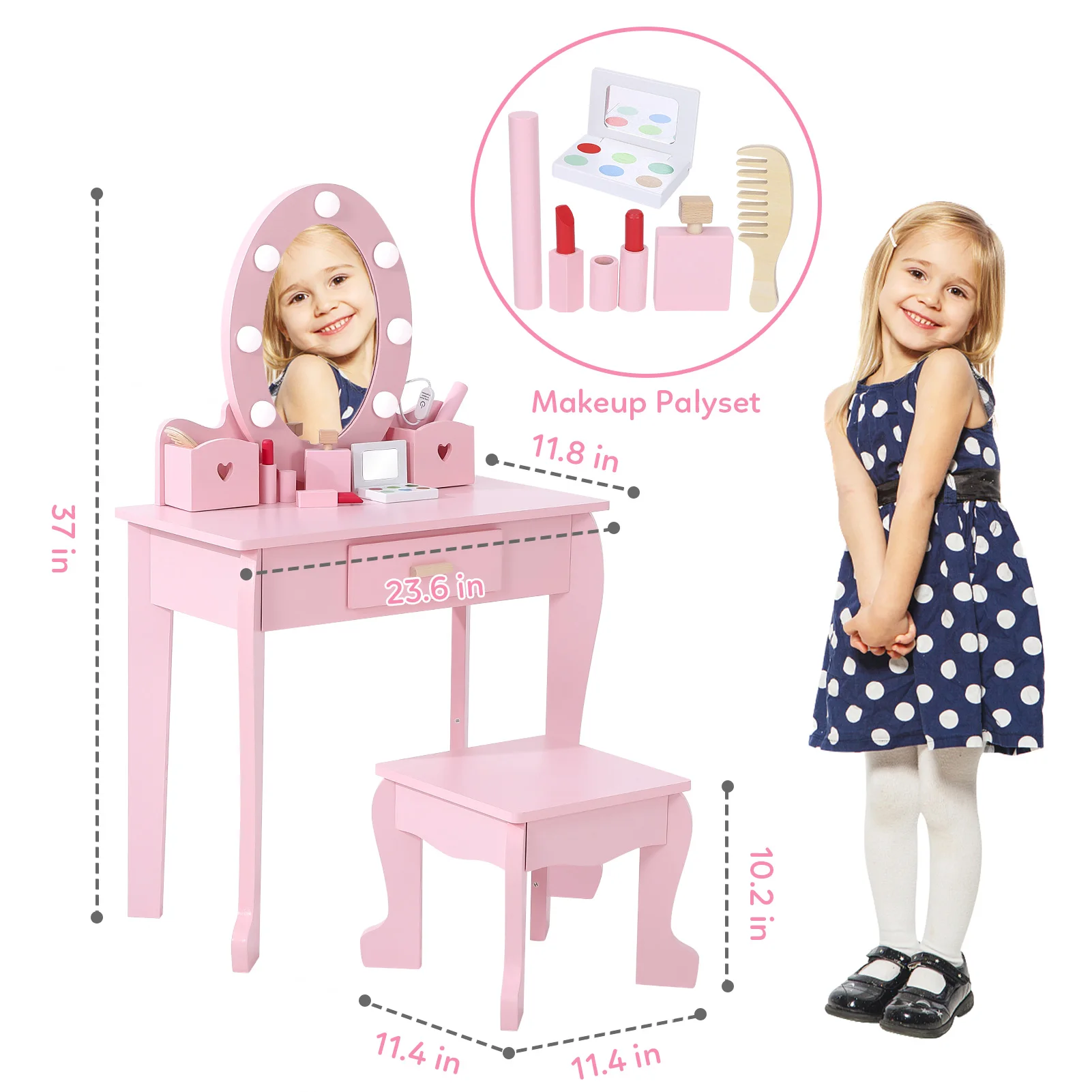 Girls' Vanity Table and Chair Set, Kids Makeup Dressing Table with Lights & Wood Makeup Playset, Kids Vanity Set with Mirror