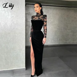 Lily Black Mermaid Charming Prom Dresses Gown High Collar Appliques Formal Gowns Full Sleeves Evening Gown vestidos de noche