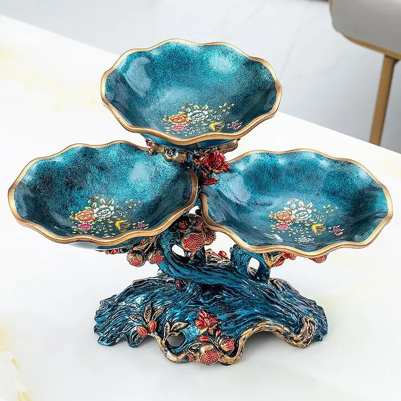 Pomegranate Tiered Ceramic Snack Server: Gold-Trimmed Fruit & Nut Tray - Large Jewish New Year Centerpiece for Living Room Decor