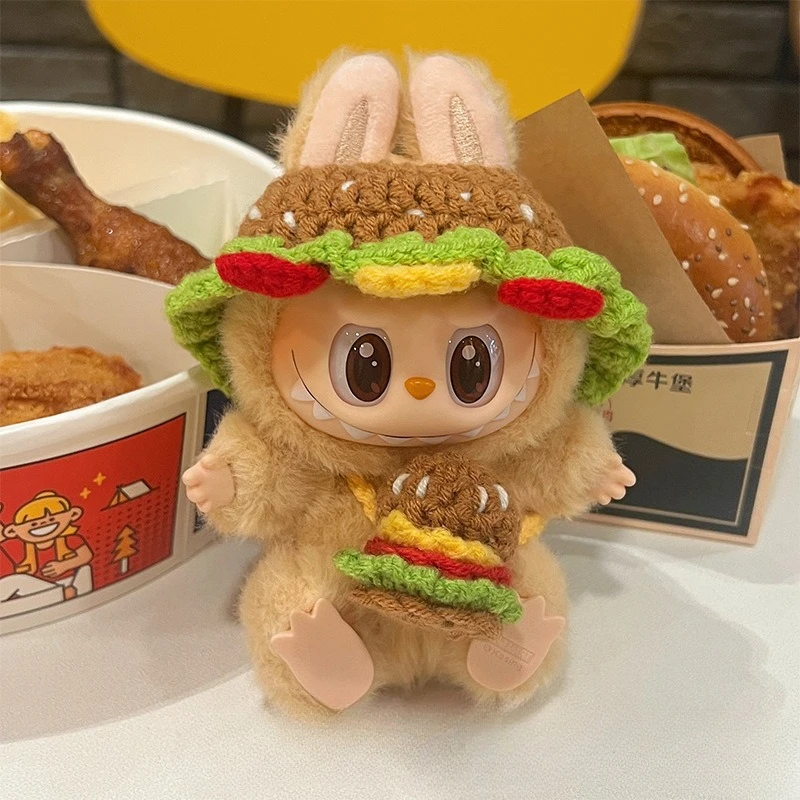 For 17cm Labubu mcdonalds Clothing Set Cute Burger Woven Hamburger outfit 3.0 Labubu Clothes Hat Crossbody Bag Doll Accessories