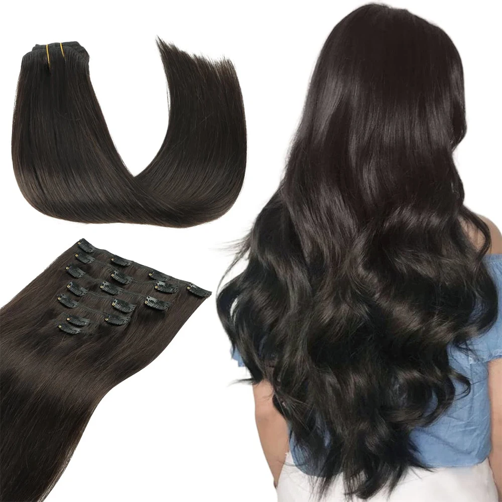 Extensions de Cheveux Synthétiques Longs et Lisses, Postiches Naturelles Blondes Noires, Degré de Chaleur, pour Femme, 16 Clips, 7 Pièces/Ensemble