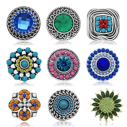 New Beauty Colorful Rhinestone Beads Round Flower Square Patterns 18MM snap buttons fit DIY snap bracelet jewelry wholesale