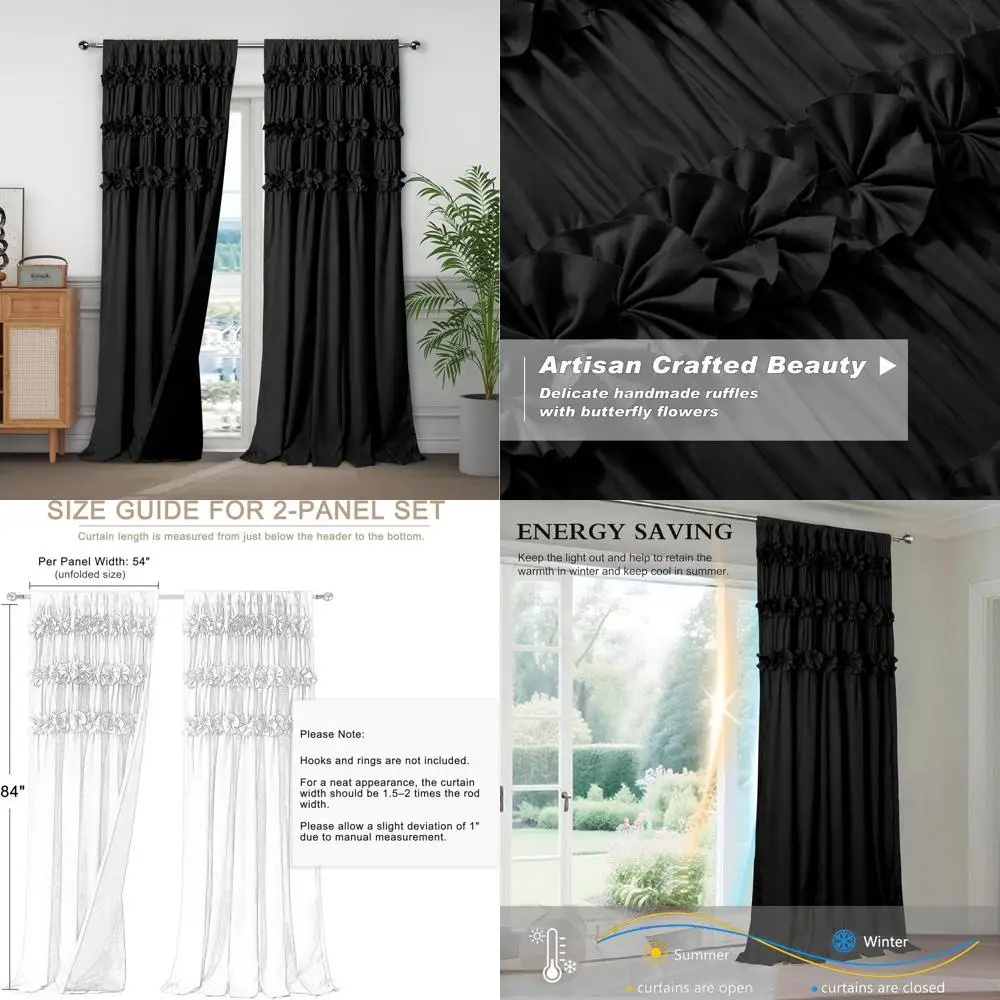 

Плотные шторы с термоизоляцией, оборками и цветами-бабочками, 54x84, комплект из 2 панелей для спален и гостиных