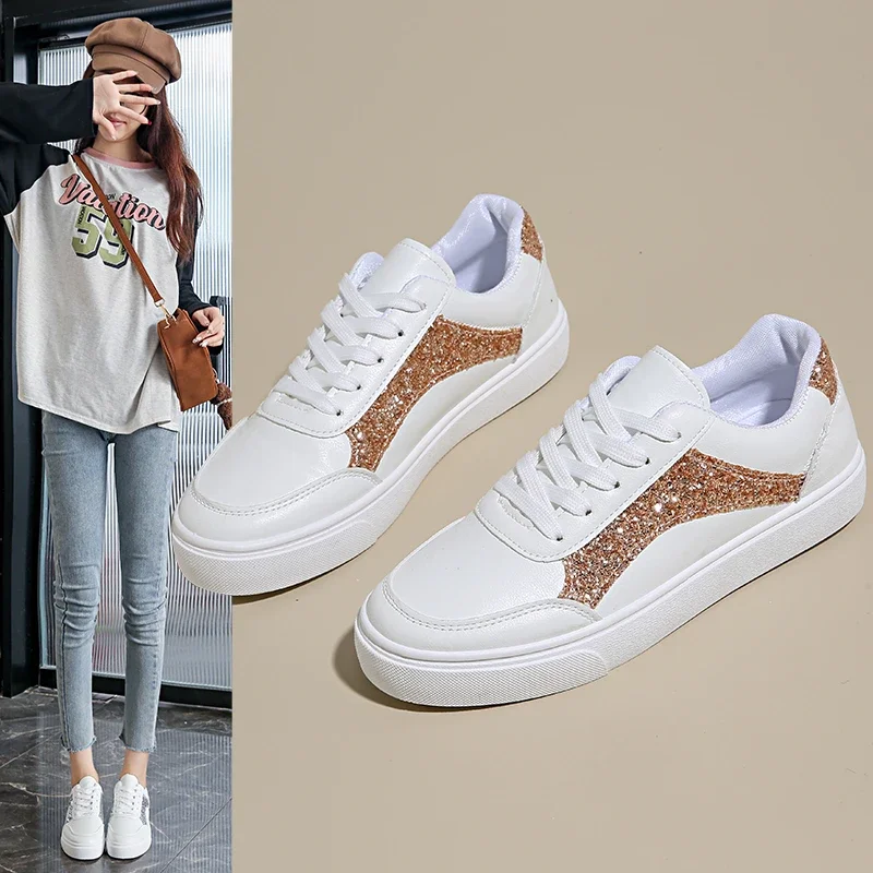 Flats Sport Shoes for Women Gold Female Popular Daily Outside Street Walking Shot Sneakers Comfortable Autumn Shoes