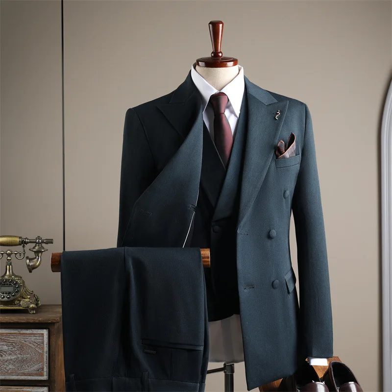 

KIDWHXR Man 3-piece Set Double-breasted Blazer Men Turn Down Collar Vest Straight-leg Pant Male British Style Suit Outfit