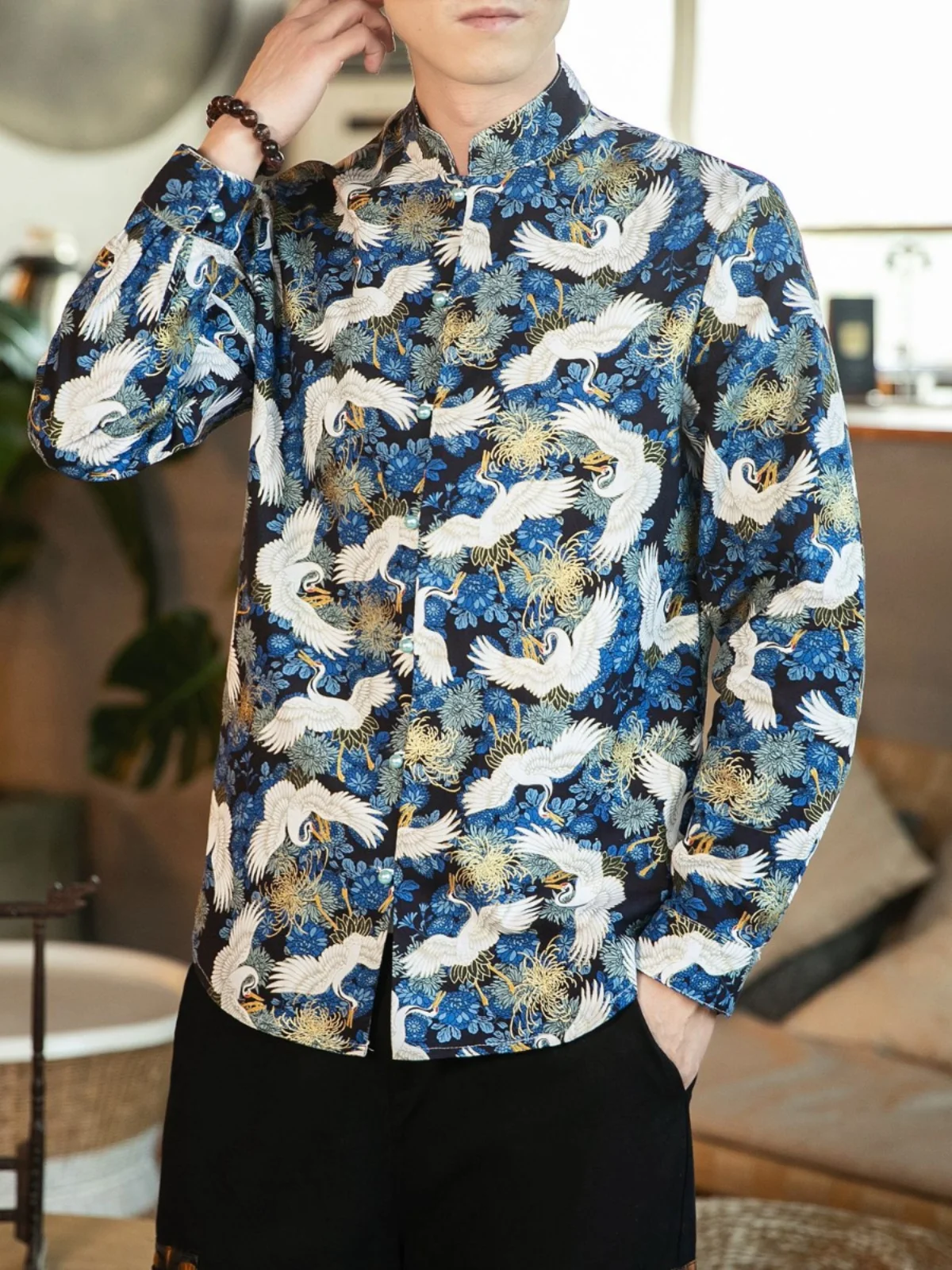 

Autumnal Floral Embroidery Chinese Sle Jaet Men's Tang Suit Zhongan Coat Long Sve Stand Collar Button up Outerwear