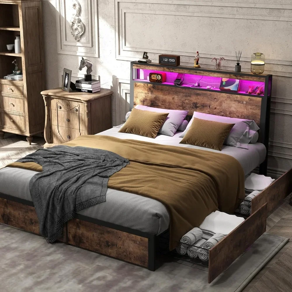 LED Bed Frame with 4 Storage Drawers and Headboard, Charging Station and 2 Tier Solid Wood Headboard Storage, Full Bed Frame