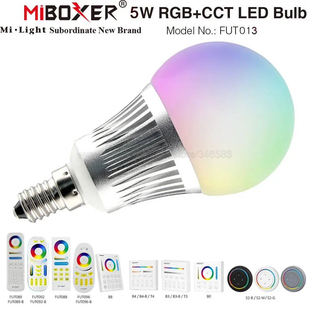 

Miboxer FUT013 AC100-240V E14 2.4GHzRF TUYA Smart 5W RGB+CCT Color Temperature/Brightness Adjustable APP Voice Control LED Bulb