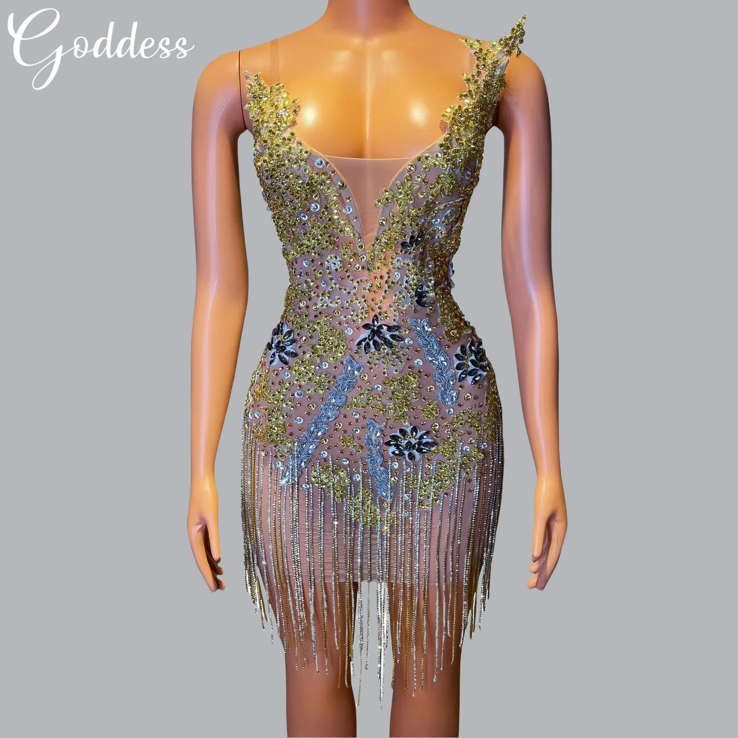 

Glitter Rhinestone Tassel Birthday Prom Dress Women Sexy Banquet Prom Crystal Fringes Dress Latin Dance Bodycon Dress Stage Wear