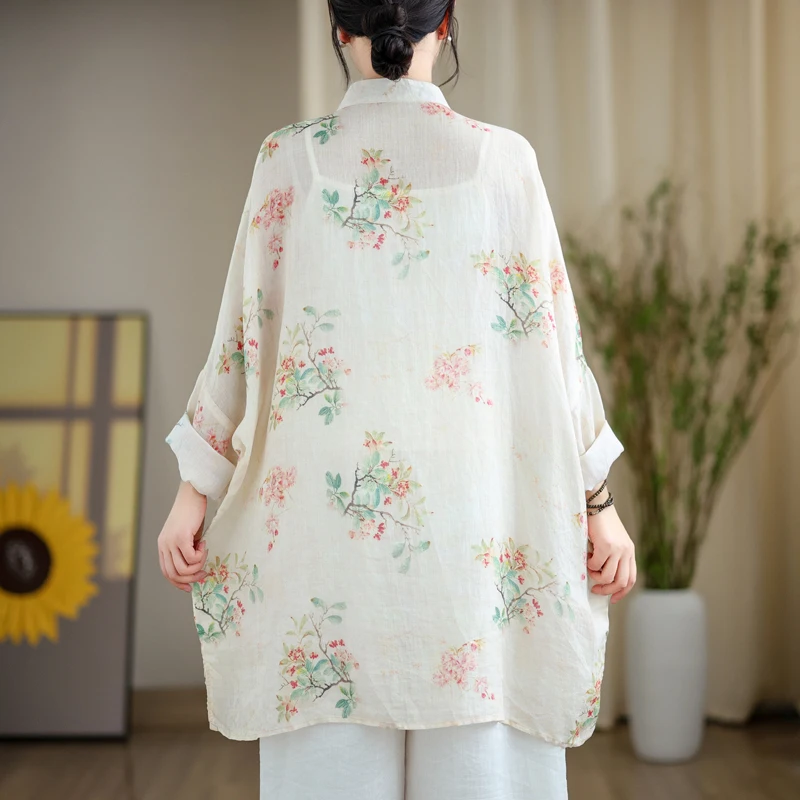 Chinese Style Printed Top Women Loose Large Size Sun-protective Clothing Vintage Mid-length Shirt Coat Traditional Costume