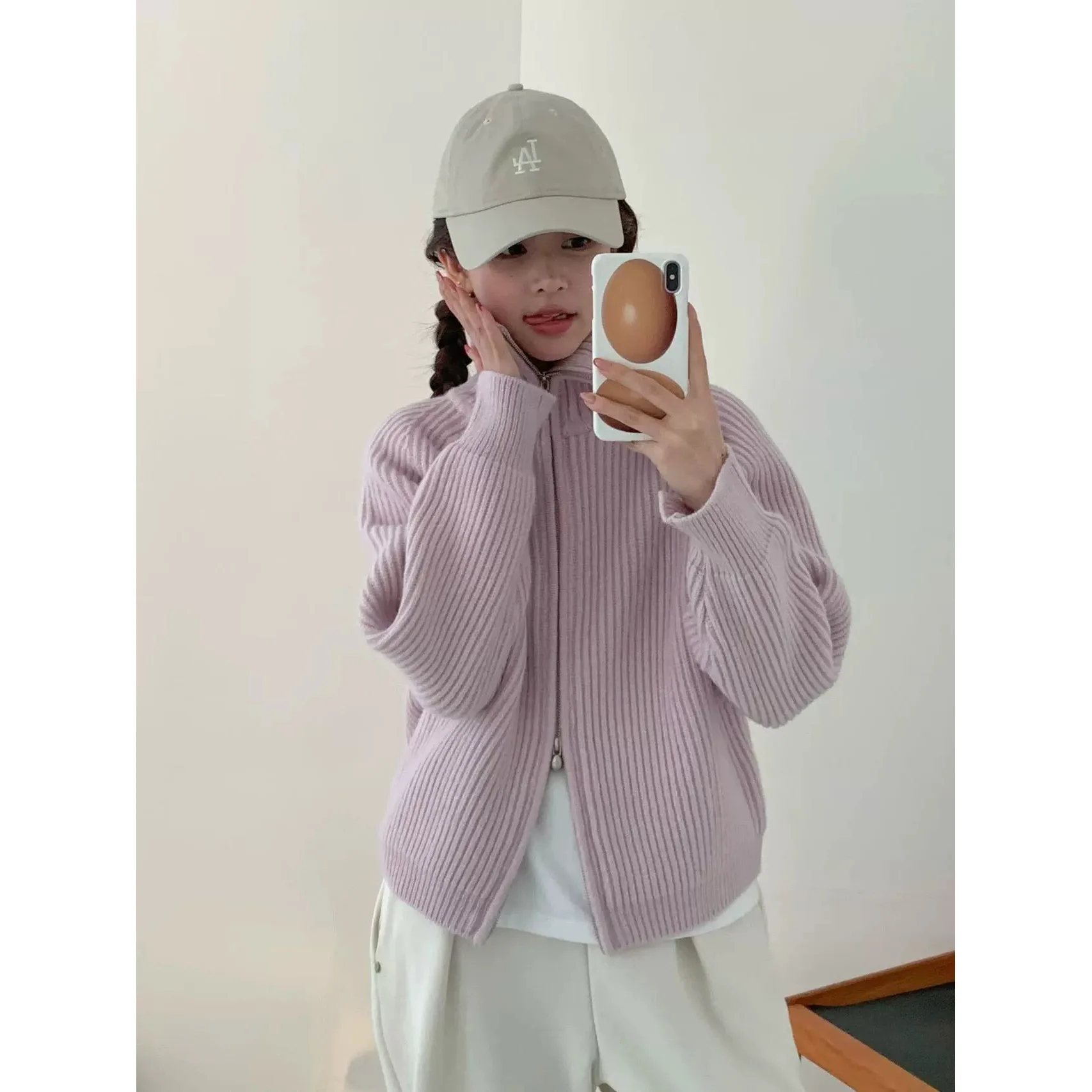 

Loose Fit High Collar Knitted Sweater Double Zipper Open Cardigan Korean Sle Women's Faion mid Weight Winter 2025