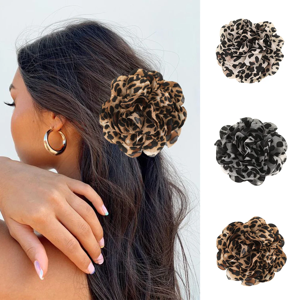 

AWAYTR Leopard Pattern Fabric Flowers Hair Claw Clip Floral Hair Clip Claw Clap Hairpin Girls Women Korean Hair Accessories
