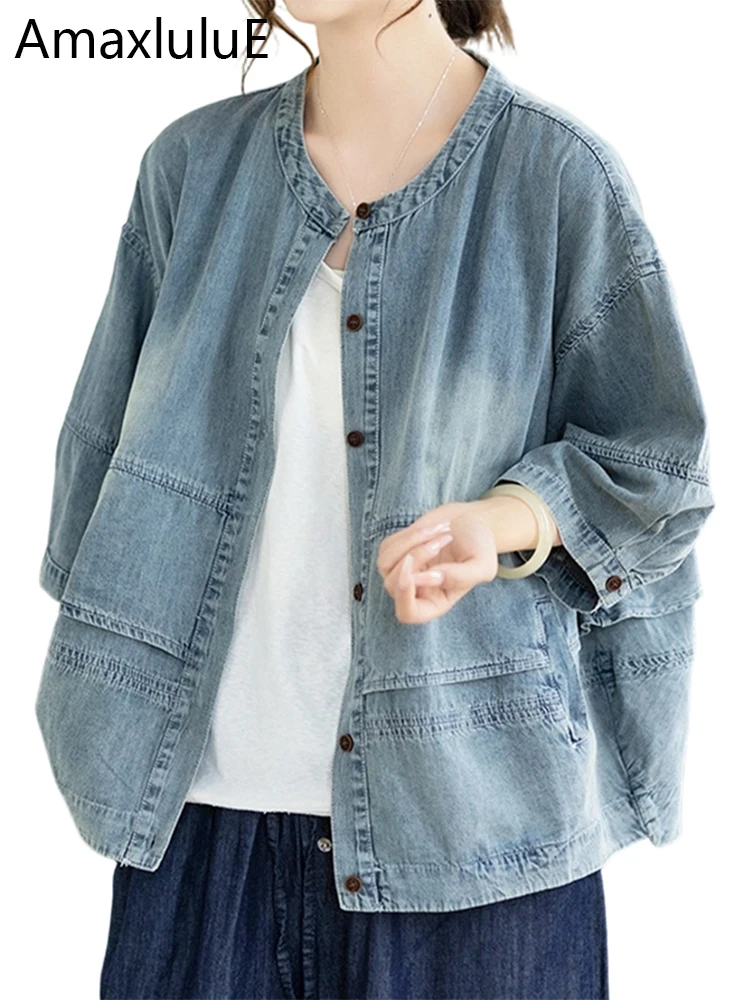 Amax LuluE British Design Vintage Classic Jackets Females 2026 Fashion Loose Soild Denim Coats Womens Summer Leisure Outerwear