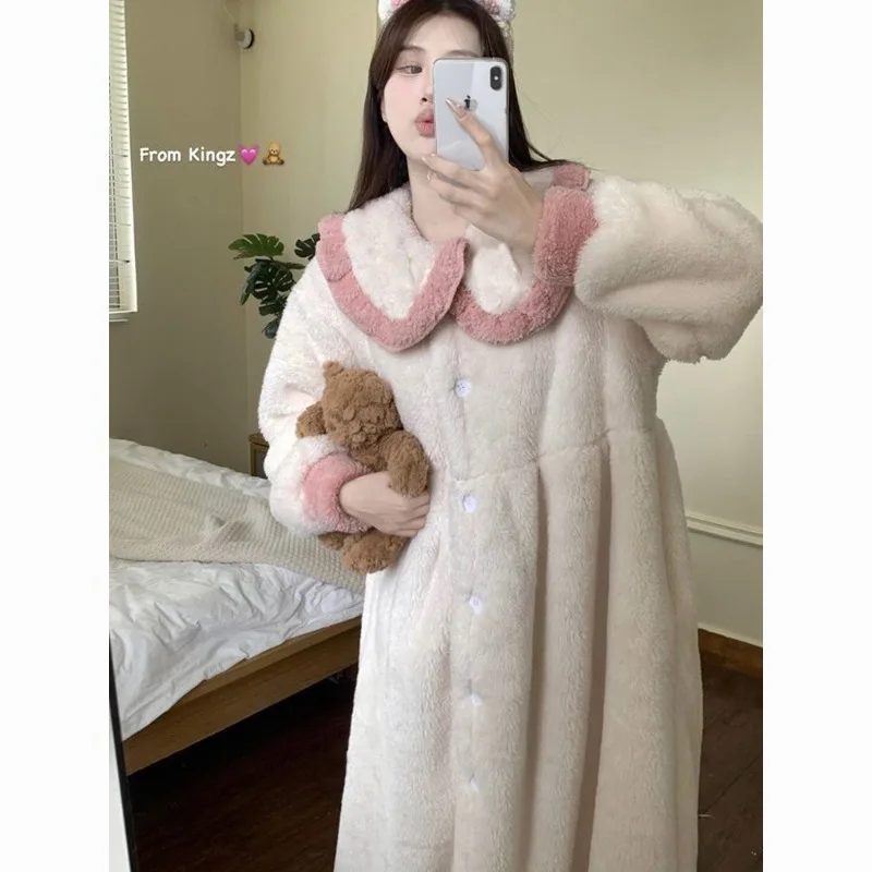 Ruffle Robe for Women Sleepwear Nightdress Winter Night Wears Warm Fleece Pajama One Piece Nightgown Button Long Sleeve Homewear