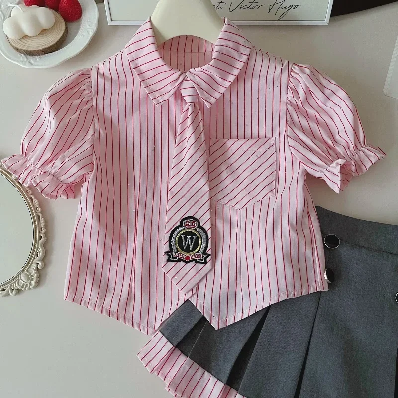 Girls Clothing Set Summer Short Sleeve Striped Shirt+Pleated Skirt Kids Girls JK Clothes Sets Children Outfits Set 2 3 4 5 6 7Y