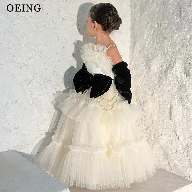 

OEING Cute Ball Flower Girl Dresses A-Line Ruched Ruffle Pearls Wedding Party Dress Bows Princess Birthday Dress Customized