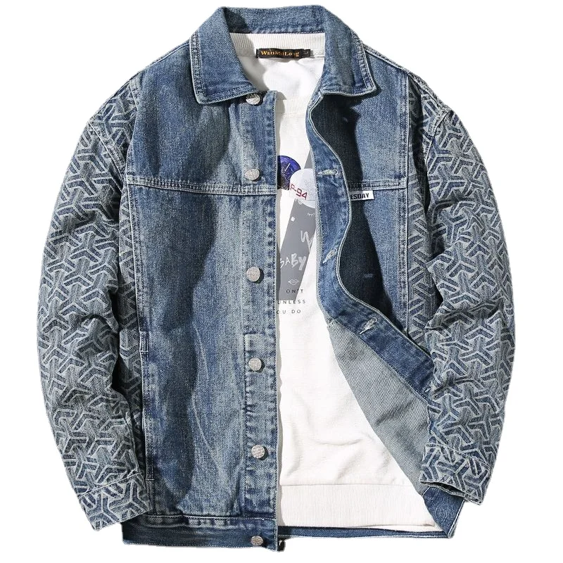 Male Jean Coats Spliced Geometric Autumn Men\'s Denim Jacket Blue Wide Shoulders Clothing G Korea Original Low Price of Fabric