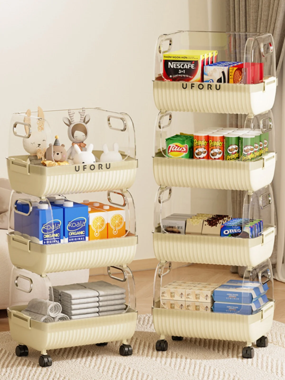 The product can be customized. Small cart storage rack, floor mounted, movable multi story living room snack storage rack