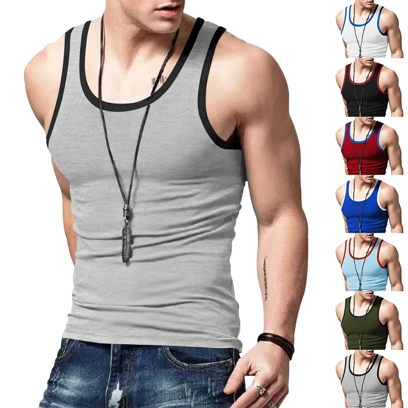 2024 Summer New Vest Men's Color Matching Sleeveless Shirt Leisure Sports Fitness Training Clothing Men's Clothing Free Shipping