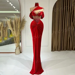 2025 arábia modesto elegante vermelho feminino sereia encantador vestidos de noite alta pescoço frisado vestidos de baile personalizado noche