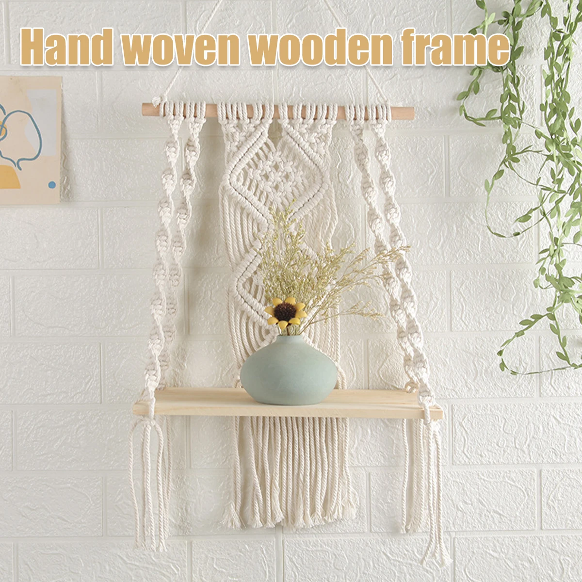 Wooden Floating Storage Holder Macrame Wall Hanging Shelf Board Bohemian Woven Rope Swing Shelf Display Home Book Plant Shelf