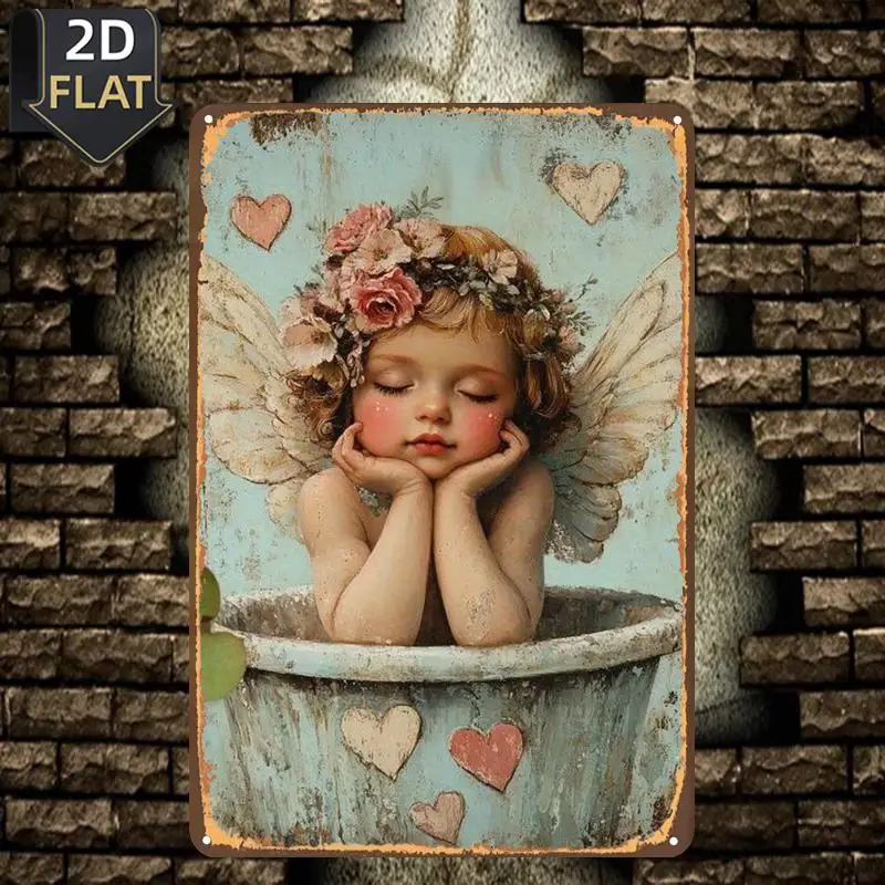 2D Flat 1pc, A Dreamy Cherub with Flower Crown Resting in a Rustic Bucket, Metal Tin Sign, Size(8