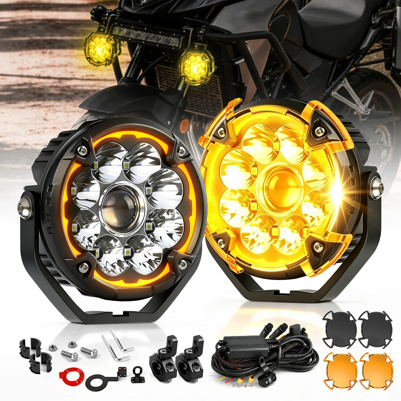BraveWay Motorrad-LED-Fahrlichter, 6 Zoll, runder Zusatzscheinwerfer, Fern- und Abblendlicht, bernsteinfarbenes DRL, mehrere Stroboskopmodi, Nebelscheinwerfer mit großer Reichweite für NMAX 125