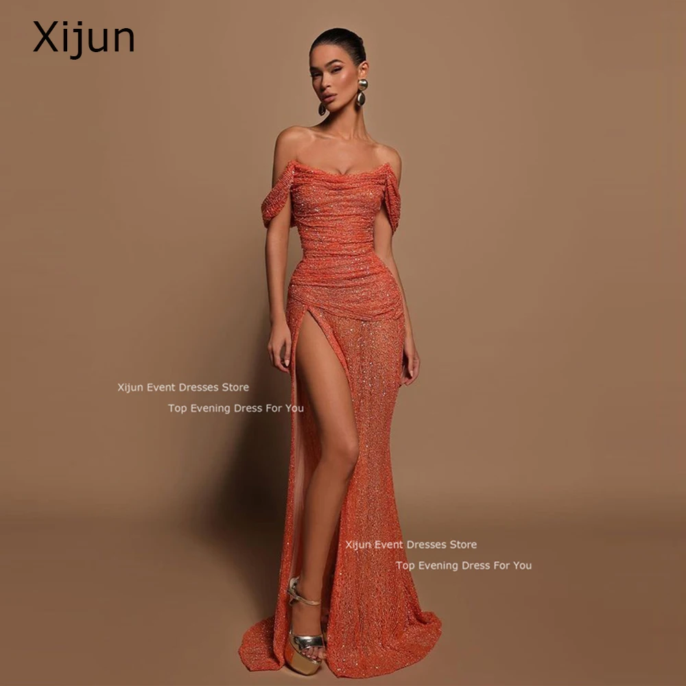 Xijun Orange Sexy Evening Dresses High Side Slit Prom Dresses Sleeves Off the Shoulder Formal Prom Gowns Glitter Sequines Gowns