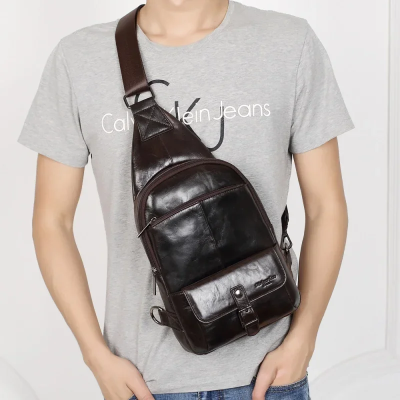 Bolso de pecho de cuero genuino para hombre, bandolera de hombro de gran capacidad, de negocios, a la moda