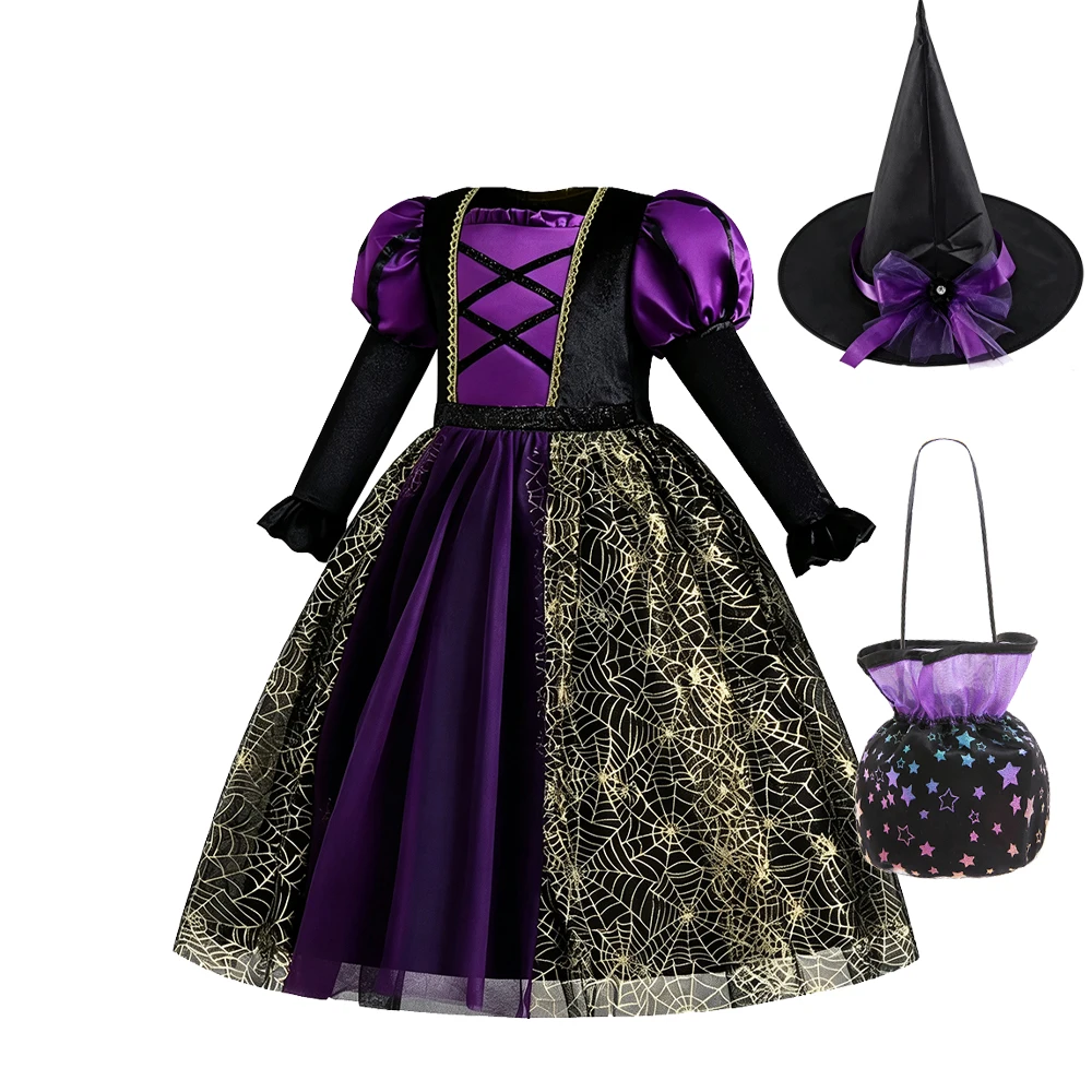 Kinder Gothic Hexenkostüm Schwarzes Lila Langarmkleid für Mädchen Böse Königin Halloween Karneval Faschingskostüm – Detail 9