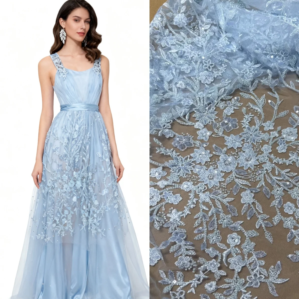 Pink and blue lace nail bead three-dimensional flower DIY wedding dress fishtail dress lace mesh fabric for clothing