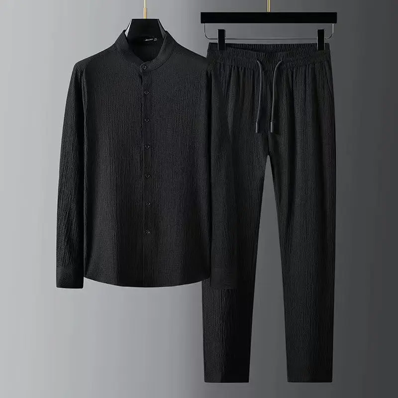 Spring Summer New Fashion Suit Men Long Sleeve Casual Shirts and Pant Seersucker Striped Pleats Slim Handsome Two-piece Set