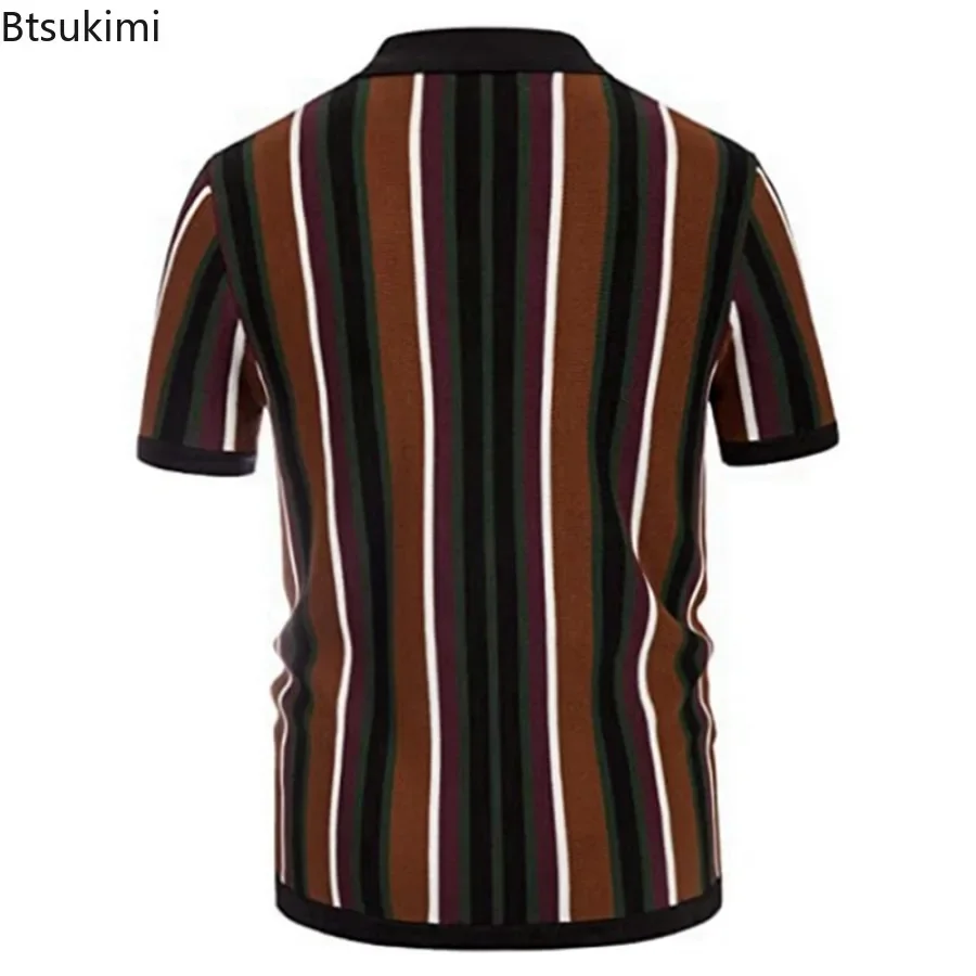 2024 Men\'s Summer Casual Knitted Shirts British Retro Stripe Patchwork Knitted Short Sleeve Jacquard Business Polo Shirt Male