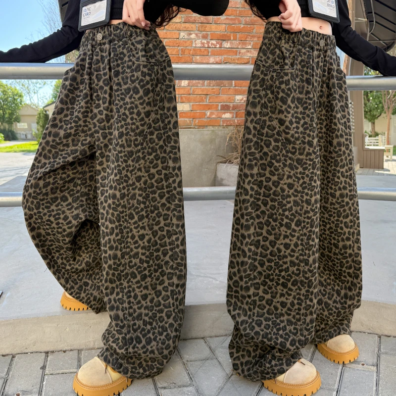 

American Street Style Children Retro Leopard Jeans y2k Hot Girl Hip Hop Rlaxed Fit Baggy Denim Pants Kids Fashion Trousers 4-14Y