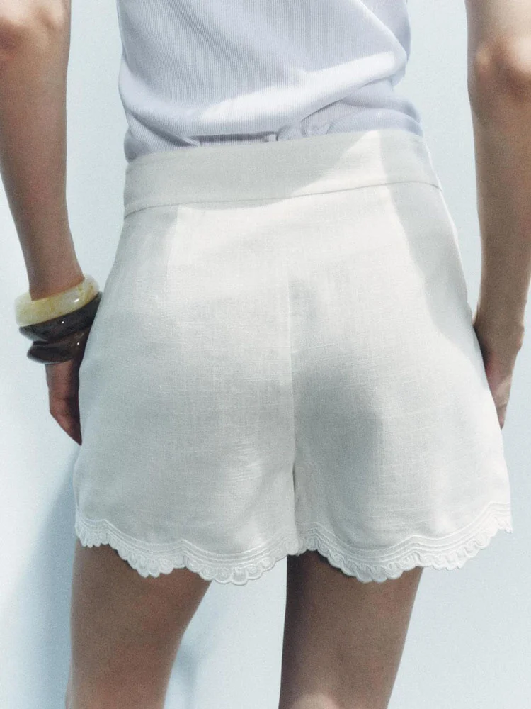 BANA n Pantaloni ort scavati in pizzo ricamato a vita alta Pantaloni casual estivi a gamba dritta in cotone di piccole dimensioni da donna