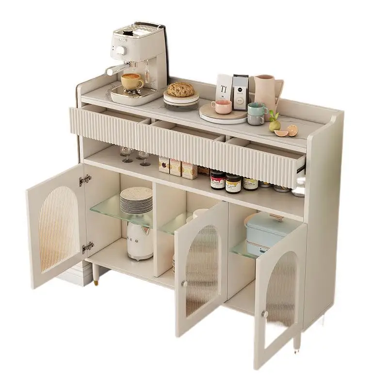 

Simple modern cream style solid wood dining side cabinet integrated against the wall living room storage side