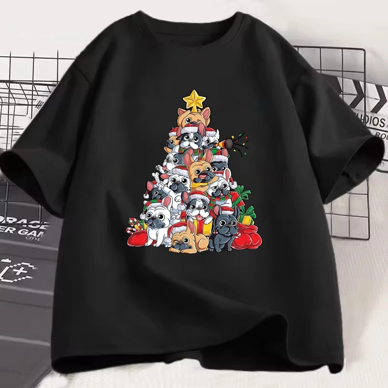 

Cartoon Christmas Dog Bago Tree Pattern Men Women T-shirt Trendy Urban Streetwear Casual Breathable Unisex Shirt Fun Kawaii Tee