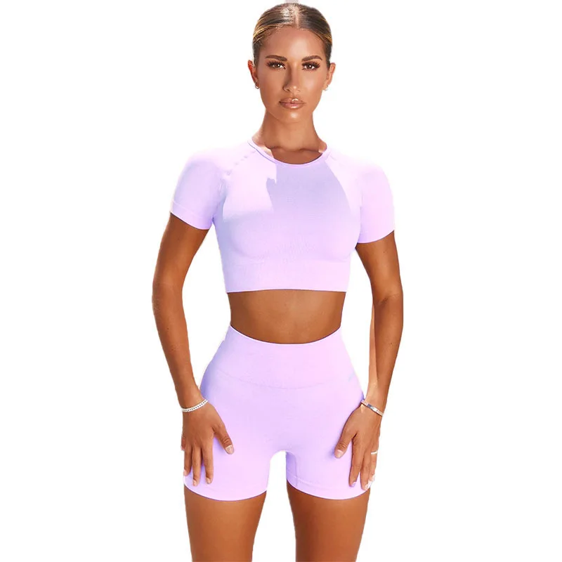 2 Pcs Impact Sports Sets Short Sleeve Seamless Yoga Top Fitness Set Women Workout Running Sports Shorts Gym Suit