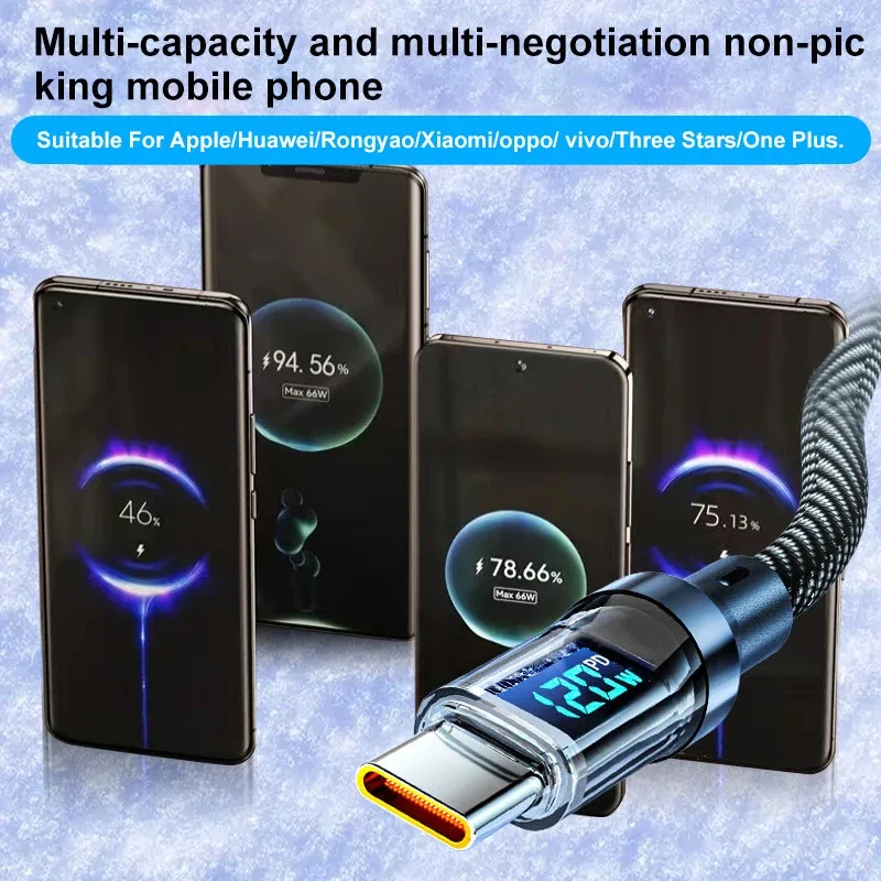 كابل شحن سريع USBC بقدرة 120 وات مع سلك بيانات رقمي بشاشة LED لهاتف سامسونج/شاومي، ملحقات شاحن مقياس الطاقة من النوع C