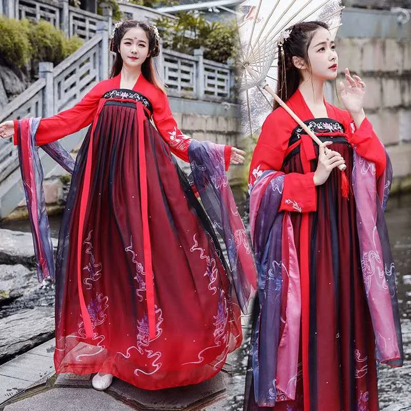 2022 Ropa Tradicional China Langarm Kleid Tänzerin Outfit Traditionelle Chinesische Cosplay Kostüme für Frauen Hanfu Rot