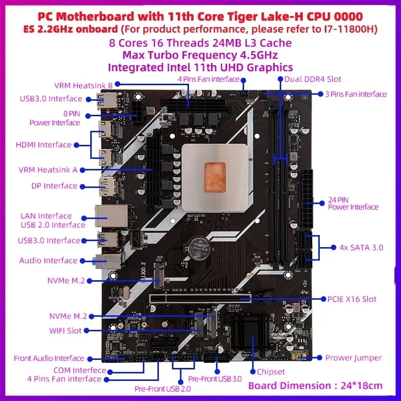 ERYING Kit i7 Gaming PC Motherboard with embed CPU 11th Core 2.2Ghz(Refer to I7 11800H)+2pcs 8GB 3200Mhz RAM+512GB SSD NVMe M.2