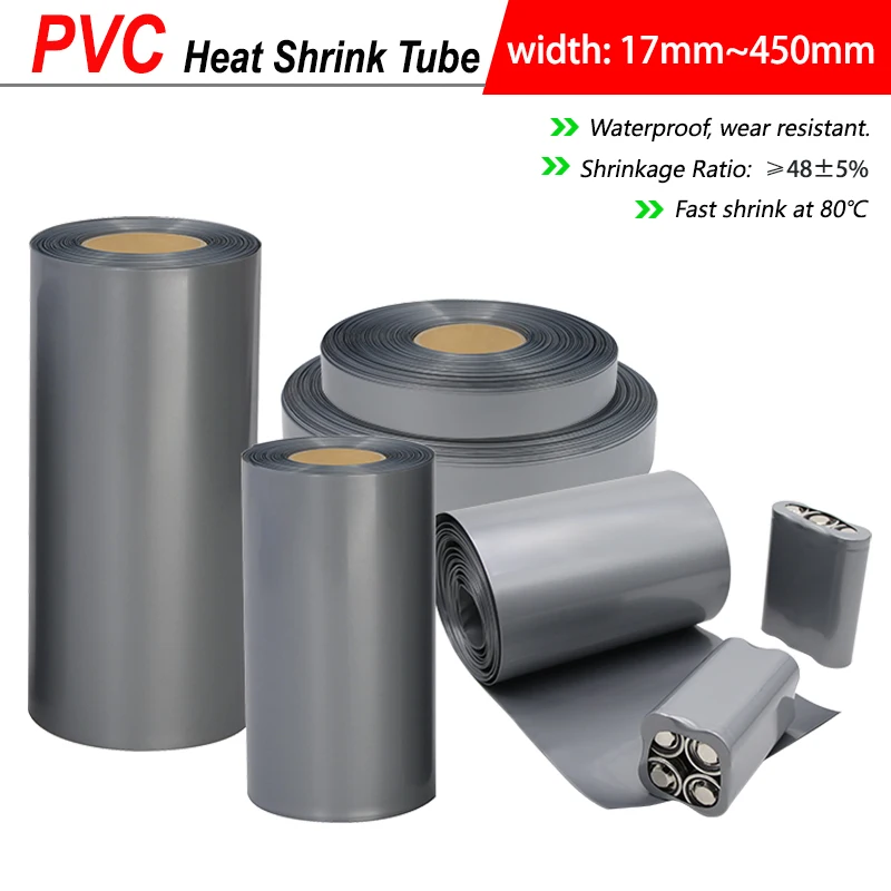 

1~20m Grey PVC Heat Shrink Tube 17mm~450mm 18650 Lithium Battery Pack Cable Sleeve Tubing Insulated Film Wrap Case