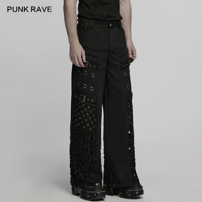 PUNK RAVE Men's Punk Metallic Twill Woven Straight Pants Metal Eyelets Loose Style 3D Effect Personality Men Clothing Trousers