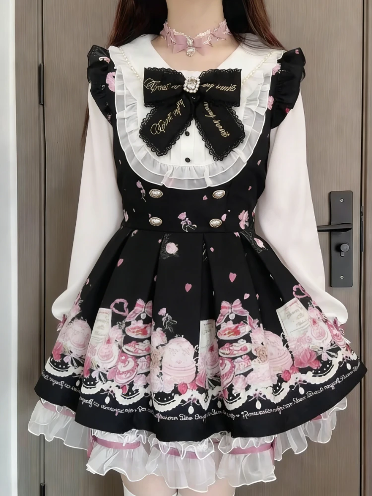 

Japanese Sweet Lolita Bow Dress Shorts Set Women Y2K Aesthetics Vintage Gothic Long Sleeve Shirt Dress Elegant Party Dress Suits