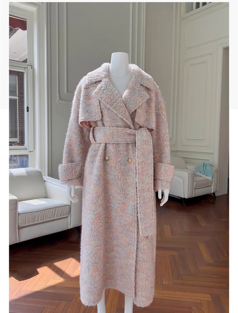 lingzhiwusis New Year BattleGown Luxury Fox Fur Collar Gentle Pink Woolen Outerwear Autumn Winter Padded Cotton Long Coat New